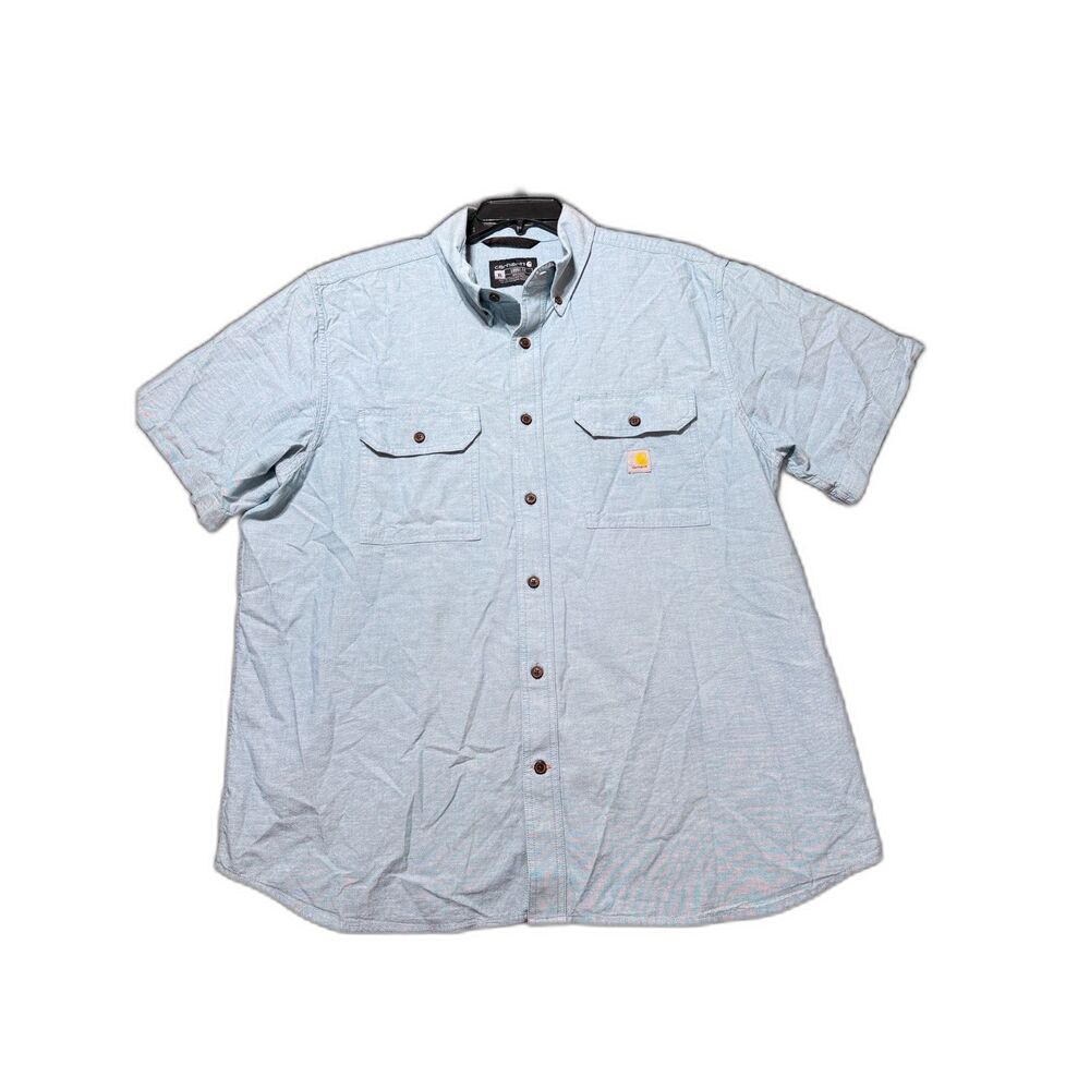 Carhartt Men's XL Loose Fit Chambray Short Sleeve Button Down Shirt Light Blue
